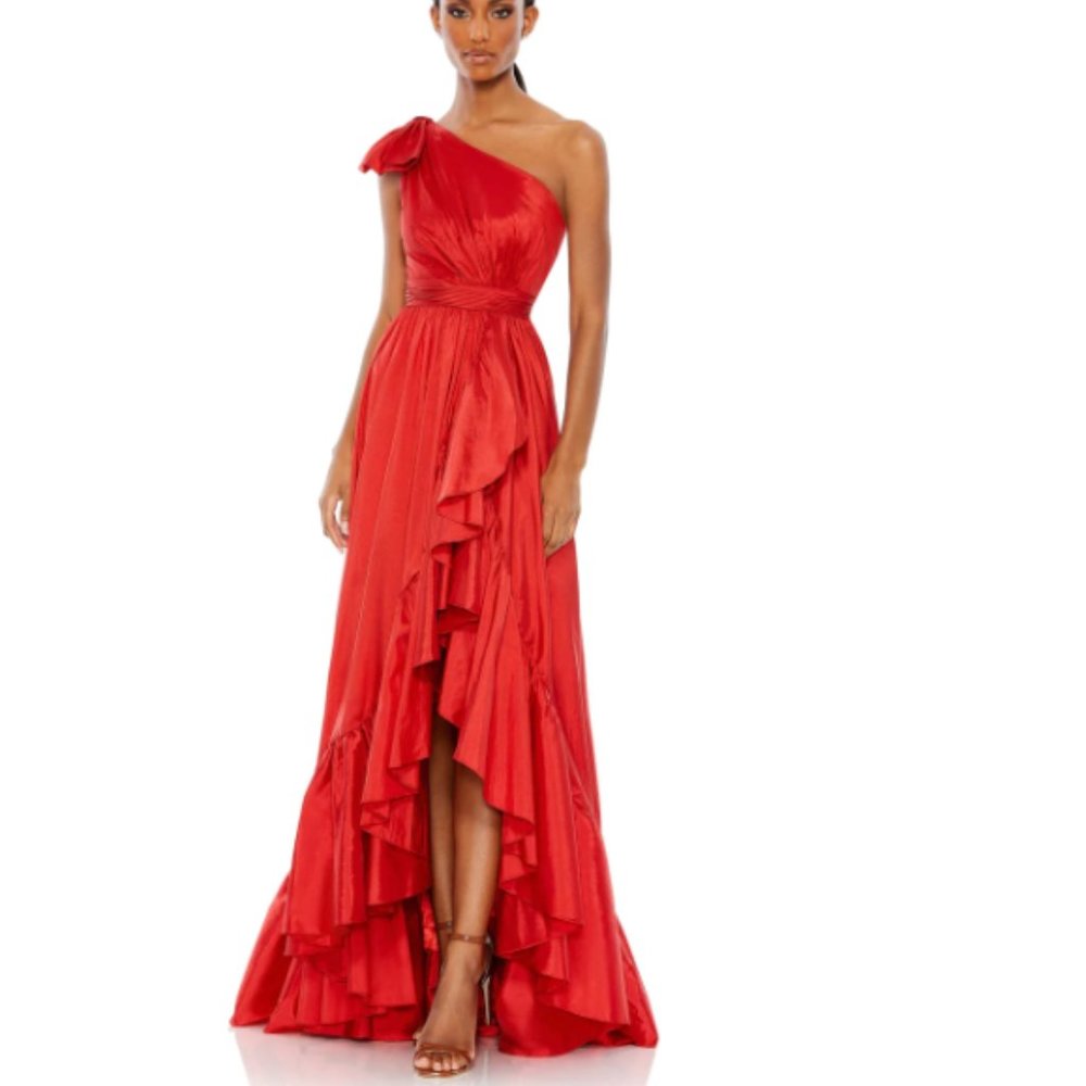 Mac Duggal BOW ONE SHOULDER RUFFLE ASYMMETRICAL HEM GOWN Size 6 Red